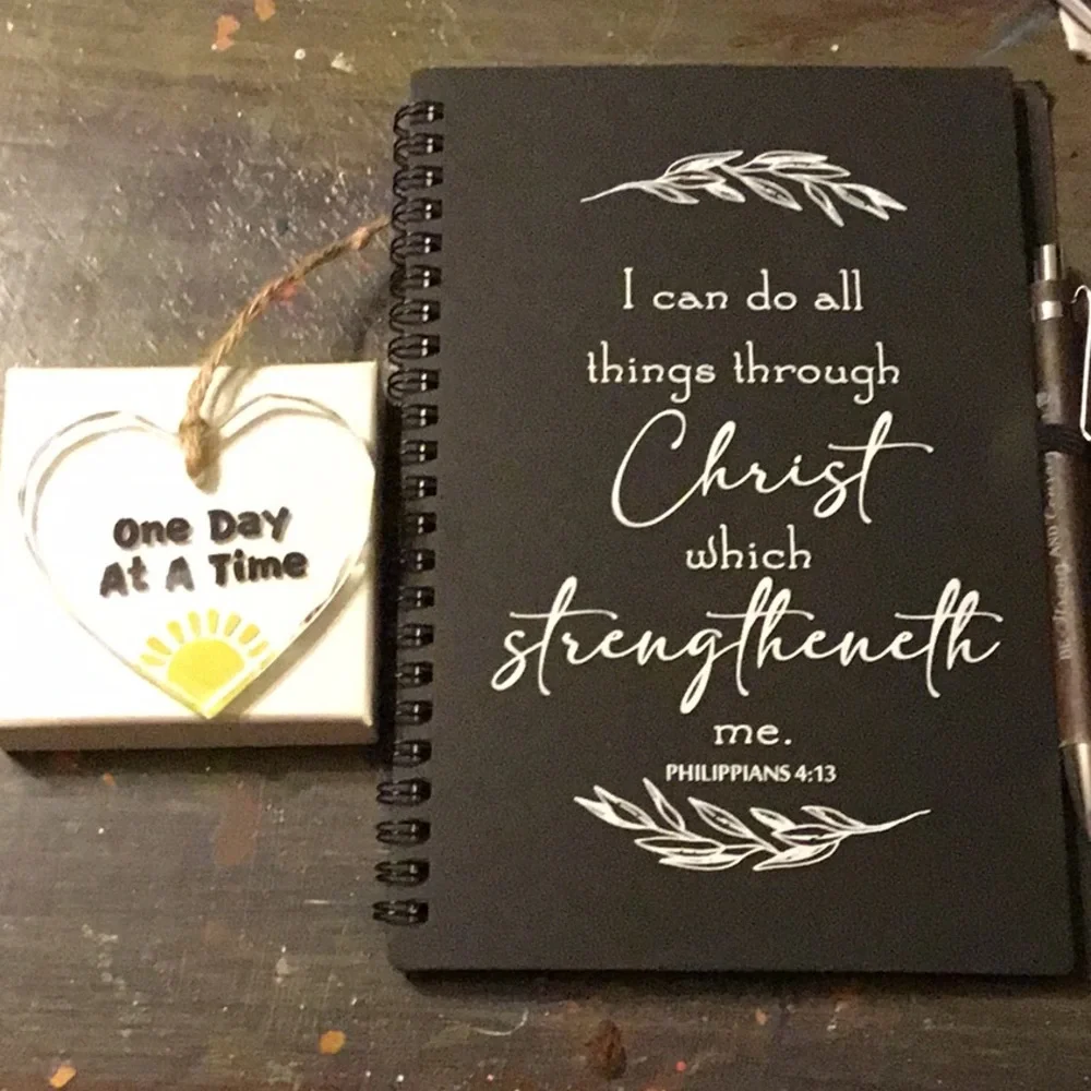 Ornament & Notebook bible verse Inspirational Quote with pen and glass heart